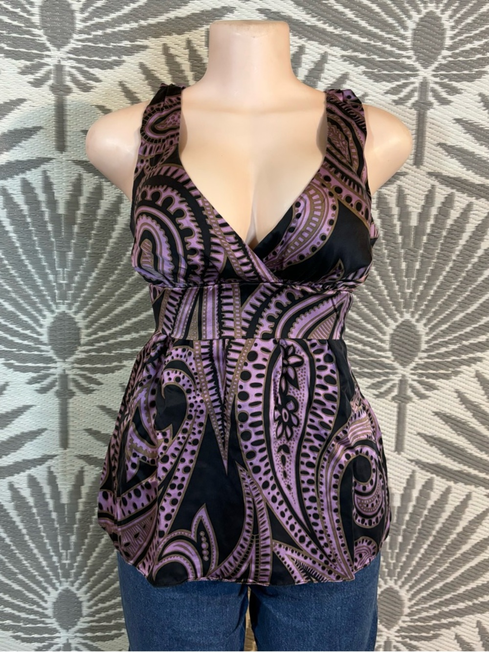 Silk Paisley  Babydoll Top Sleeveless Women’s Sz M Purple Y2K Fairy MOD Hippie